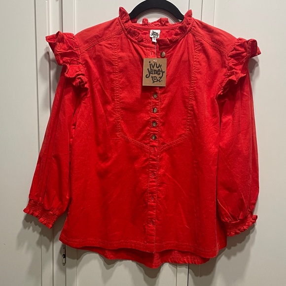 Ivy Jane Orangey red  corduroy flounce top with ruffles NWT - Picture 3 of 14